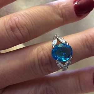 Silver tone CZ and deep aqua stone ring, size 10